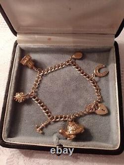 Vintage 9ct Gold Double Link Bracelet, Padlock, & 6 Charms, 12.44 gms 1970s/80s