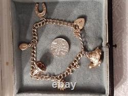 Vintage 9ct Gold Double Link Bracelet, Padlock, & 6 Charms, 12.44 gms 1970s/80s