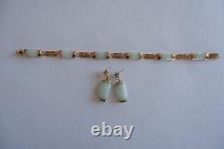 Vintage 9ct Gold Jade Bar Link Bracelet & Earrings, Box Full H. M. S & 11.6 Grams