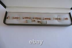 Vintage 9ct Gold Jade Bar Link Bracelet & Earrings, Box Full H. M. S & 11.6 Grams