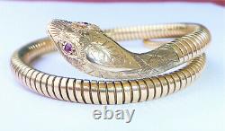 Vintage 9ct Gold Smith & Pepper Coiled Snake Bracelet with Ruby Eyes