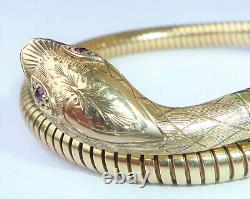 Vintage 9ct Gold Smith & Pepper Coiled Snake Bracelet with Ruby Eyes