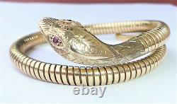 Vintage 9ct Gold Smith & Pepper Coiled Snake Bracelet with Ruby Eyes