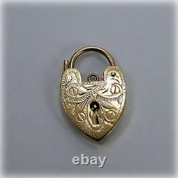 Vintage 9ct Gold hand-engraved Heart Padlock Fastener for Charm Bracelet