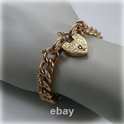 Vintage 9ct Rose Gold Curb Link 7.25 Bracelet with hand-engraved Heart Padlock