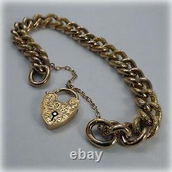 Vintage 9ct Rose Gold Curb Link 7.25 Bracelet with hand-engraved Heart Padlock
