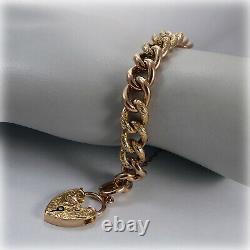 Vintage 9ct Rose Gold Curb Link 7.25 Bracelet with hand-engraved Heart Padlock