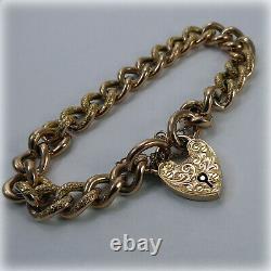 Vintage 9ct Rose Gold Curb Link 7.25 Bracelet with hand-engraved Heart Padlock