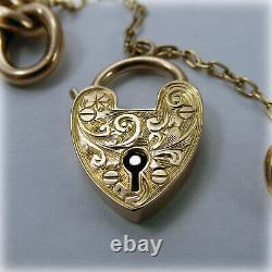 Vintage 9ct Rose Gold Curb Link 7.25 Bracelet with hand-engraved Heart Padlock