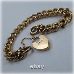 Vintage 9ct Rose Gold Curb Link 7.25 Bracelet with hand-engraved Heart Padlock