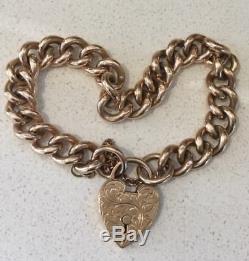 Vintage 9ct Rose Gold Curb Link Bracelet Heart Padlock HEAVY
