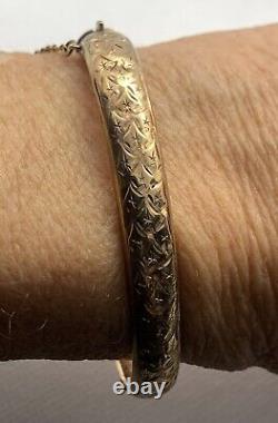 Vintage 9ct Rose Gold Engraved Bangle With Safety Chain