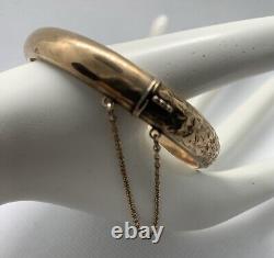 Vintage 9ct Rose Gold Engraved Bangle With Safety Chain