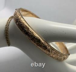 Vintage 9ct Rose Gold Engraved Bangle With Safety Chain