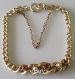 Vintage 9ct Rose Gold Ruby and Seed Pearl Curb Bracelet (with safety chain)