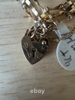 Vintage 9ct Yellow Gold 3 Bar Gate-Link Bracelet Heart Padlock 3.860g Hallmarked