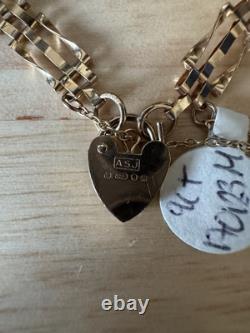 Vintage 9ct Yellow Gold 3 Bar Gate-Link Bracelet Heart Padlock 3.860g Hallmarked