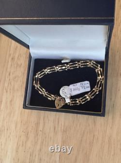 Vintage 9ct Yellow Gold 3 Bar Gate-Link Bracelet Heart Padlock 3.860g Hallmarked