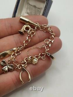 Vintage 9ct Yellow Gold 6 Charm Curb Link Bracelet
