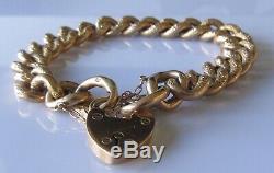 Vintage 9ct gold hollow night & day curb bracelet & heart shape padlock 17.0g