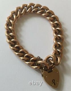 Vintage Antique 9ct Rose Gold Heavyweight Edwardian Curb Bracelet w Padlock