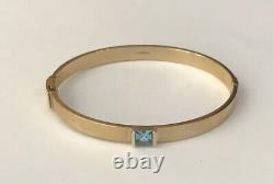 Vintage Hallmarked 9ct 9k Yellow Gold 6mm Wide Square Blue Topaz Bangle Bracelet