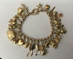 Vintage Hallmarked 9ct 9k Yellow Gold Charm Bracelet 26 Charms 38.9g Bolt Ring