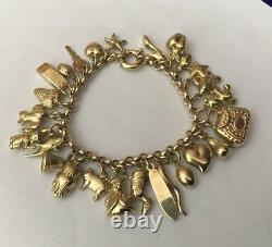 Vintage Hallmarked 9ct 9k Yellow Gold Charm Bracelet 26 Charms 38.9g Bolt Ring