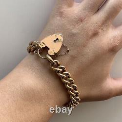 Vintage Rose Gold Curb Bracelet Heart Lock Safety Chain 9ct 9k Gold 7.5 20.2g