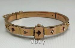 Vtg 1903 9ct 9K Solid Gold Ruby & Diamond Hinged Cuff Bangle Bracelet 6¾ 11.8g