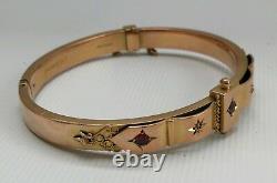 Vtg 1903 9ct 9K Solid Gold Ruby & Diamond Hinged Cuff Bangle Bracelet 6¾ 11.8g