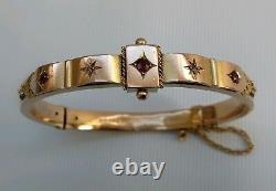 Vtg 1903 9ct 9K Solid Gold Ruby & Diamond Hinged Cuff Bangle Bracelet 6¾ 11.8g