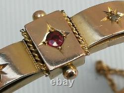 Vtg 1903 9ct 9K Solid Gold Ruby & Diamond Hinged Cuff Bangle Bracelet 6¾ 11.8g