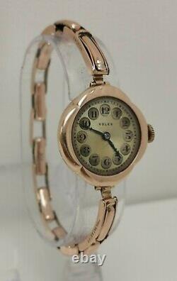 Vtg 1923 Rolex 9ct Solid Rose Gold 15 Jewels 28mm Ladies Wrist Watch 9k Bracelet