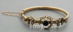 Womens Bangle 9ct Gold Garnet & Pearls Antique Victorian Vintage Jewellery