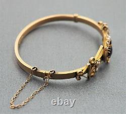 Womens Bangle 9ct Gold Garnet & Pearls Antique Victorian Vintage Jewellery